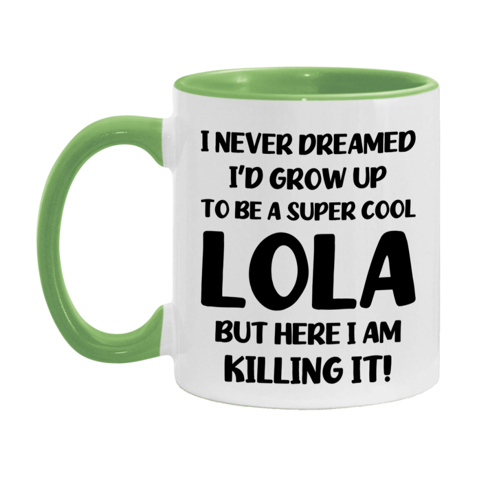 Funny Lola Mug - "I Never Dreamed I'd Grow Up To Be A Super Cool Lola" - White Ceramic Coffee Cup (11Oz Or 15Oz
