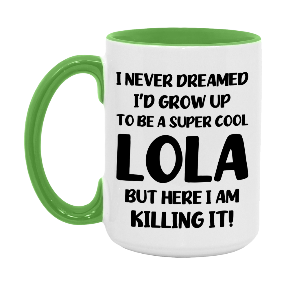 Funny Lola Mug - "I Never Dreamed I'd Grow Up To Be A Super Cool Lola" - White Ceramic Coffee Cup (11Oz Or 15Oz