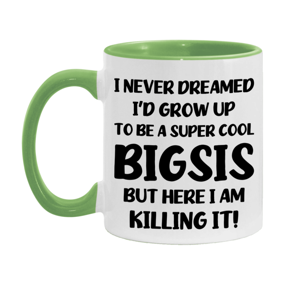 Funny Bigsis Mug - "I Never Dreamed I'd Grow Up To Be A Super Cool Bigsis" - White Ceramic Coffee Cup (11Oz Or 15Oz