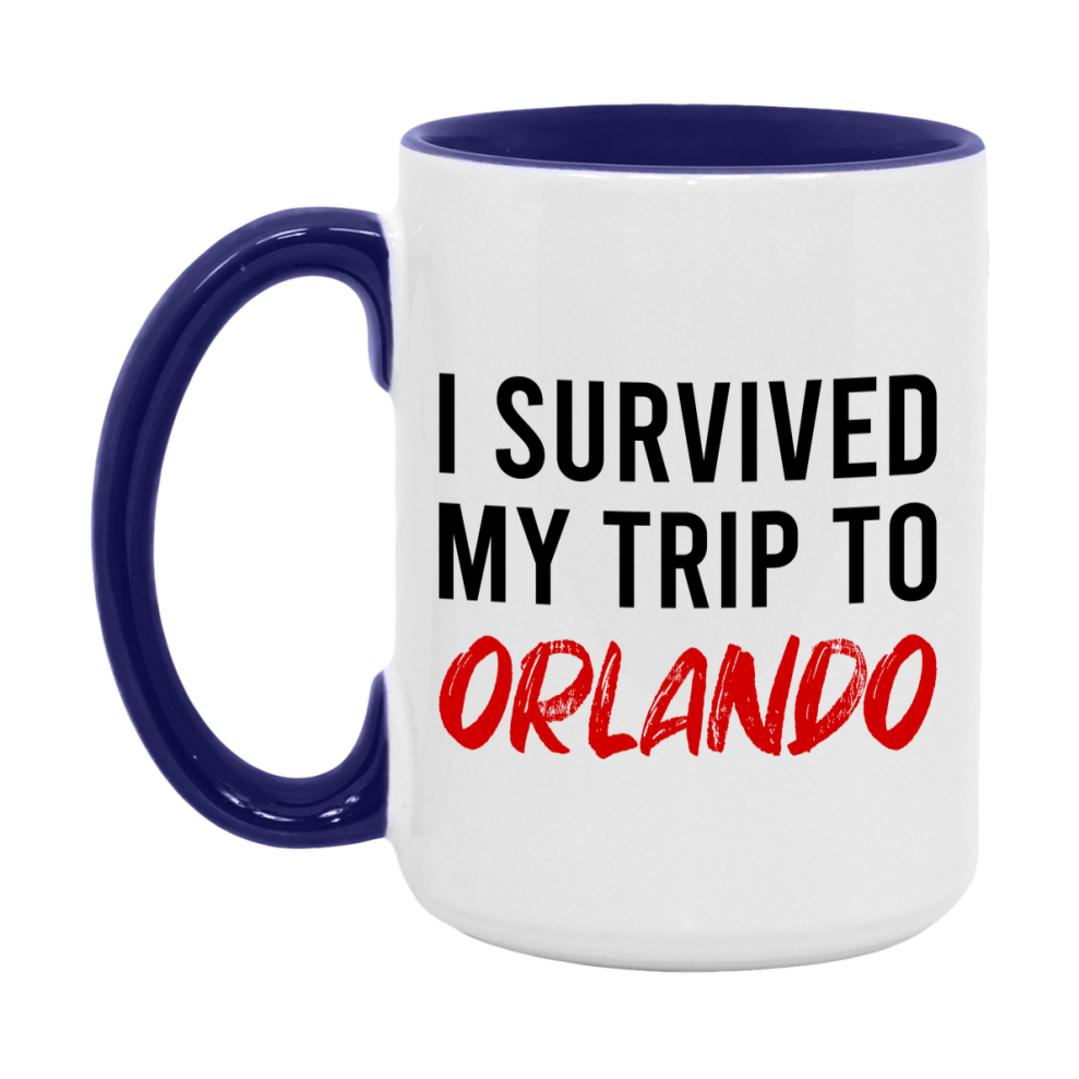 Funny Travel Mug – I Survived My Trip to Orlando, 11oz or 15oz White Ceramic Coffee Mug, Novelty Travel Gift