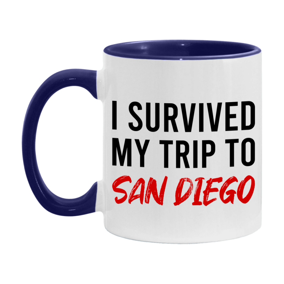 Funny Travel Mug – I Survived My Trip to San Diego, 11oz or 15oz White Ceramic Coffee Mug, Novelty Travel Gift