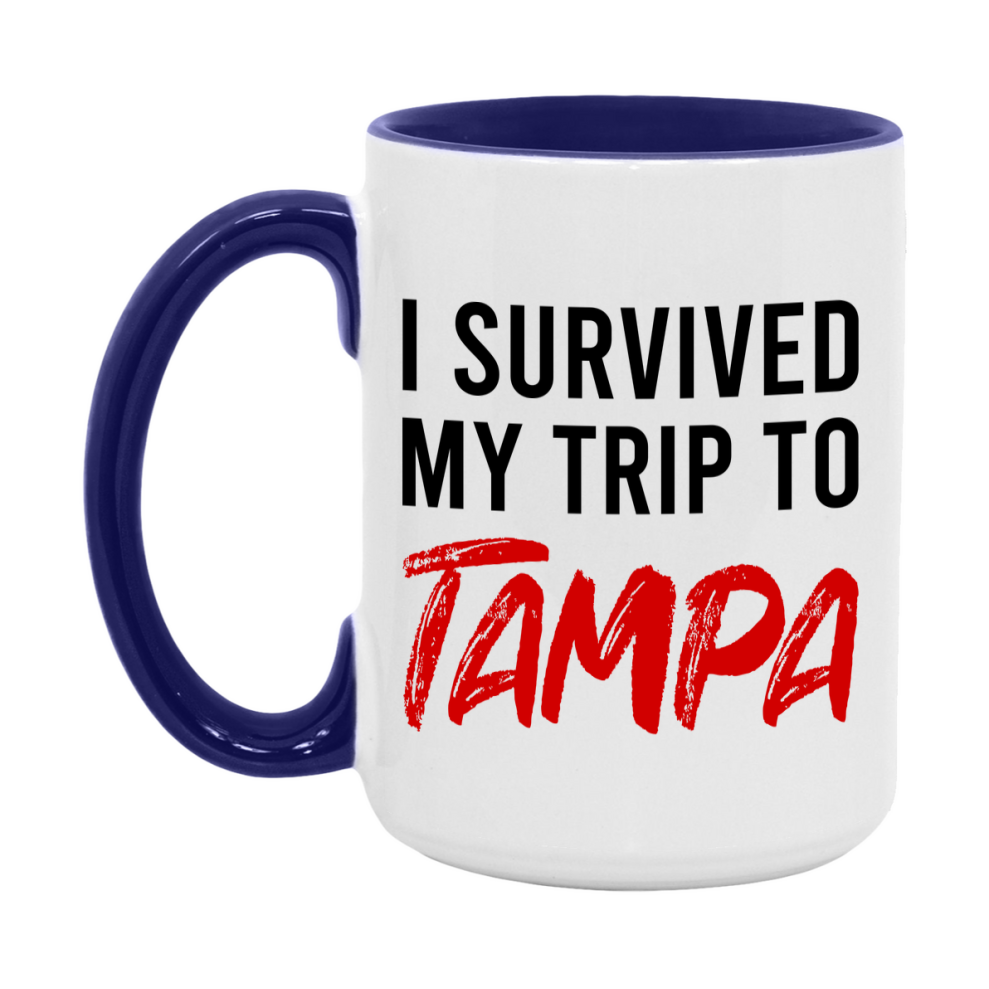Funny Travel Mug – I Survived My Trip to Tampa, 11oz or 15oz White Ceramic Coffee Mug, Novelty Travel Gift