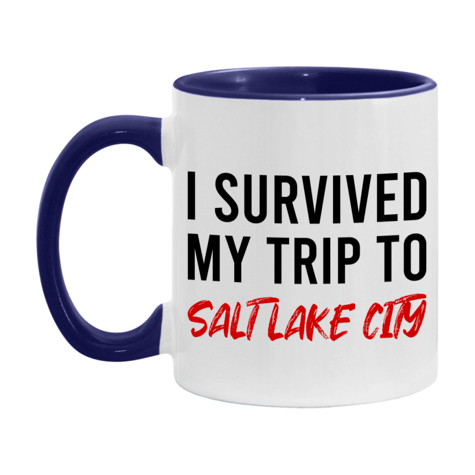 Funny Travel Mug – I Survived My Trip to Salt Lake Salt Lake City, 11oz or 15oz White Ceramic Coffee Mug, Novelty Travel Gift