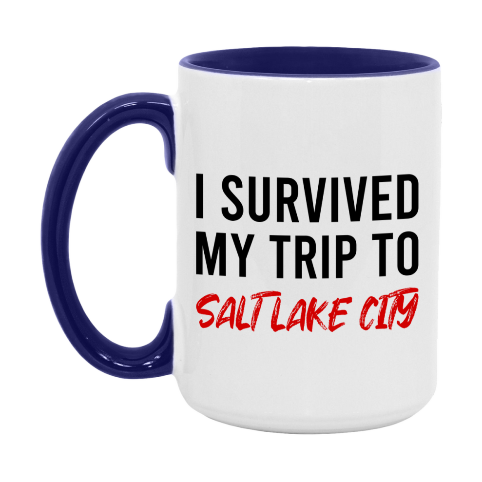 Funny Travel Mug – I Survived My Trip to Salt Lake Salt Lake City, 11oz or 15oz White Ceramic Coffee Mug, Novelty Travel Gift
