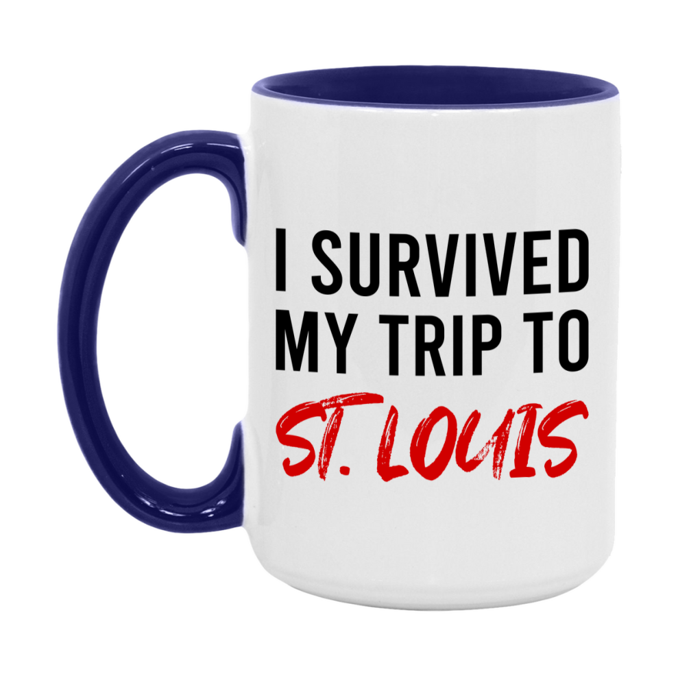 Funny Travel Mug – I Survived My Trip to St. Louis, 11oz or 15oz White Ceramic Coffee Mug, Novelty Travel Gift