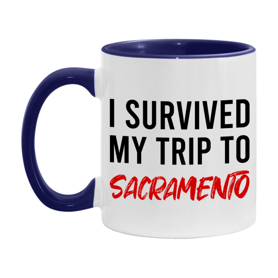 Funny Travel Mug – I Survived My Trip to Sacramento, 11oz or 15oz White Ceramic Coffee Mug, Novelty Travel Gift