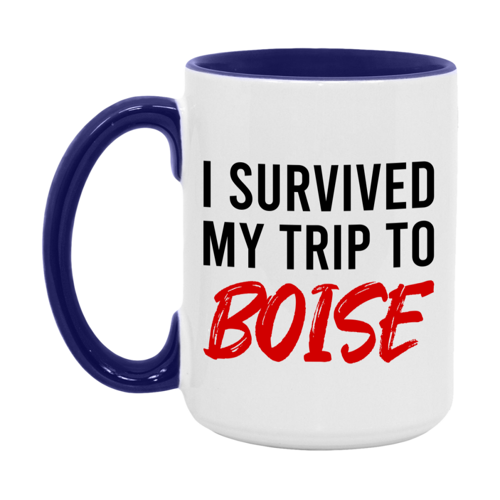 Funny Travel Mug – I Survived My Trip to Boise, 11oz or 15oz White Ceramic Coffee Mug, Novelty Travel Gift