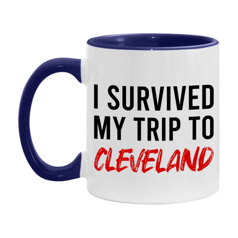 Funny Travel Mug – I Survived My Trip to Cleveland, 11oz or 15oz White Ceramic Coffee Mug, Novelty Travel Gift