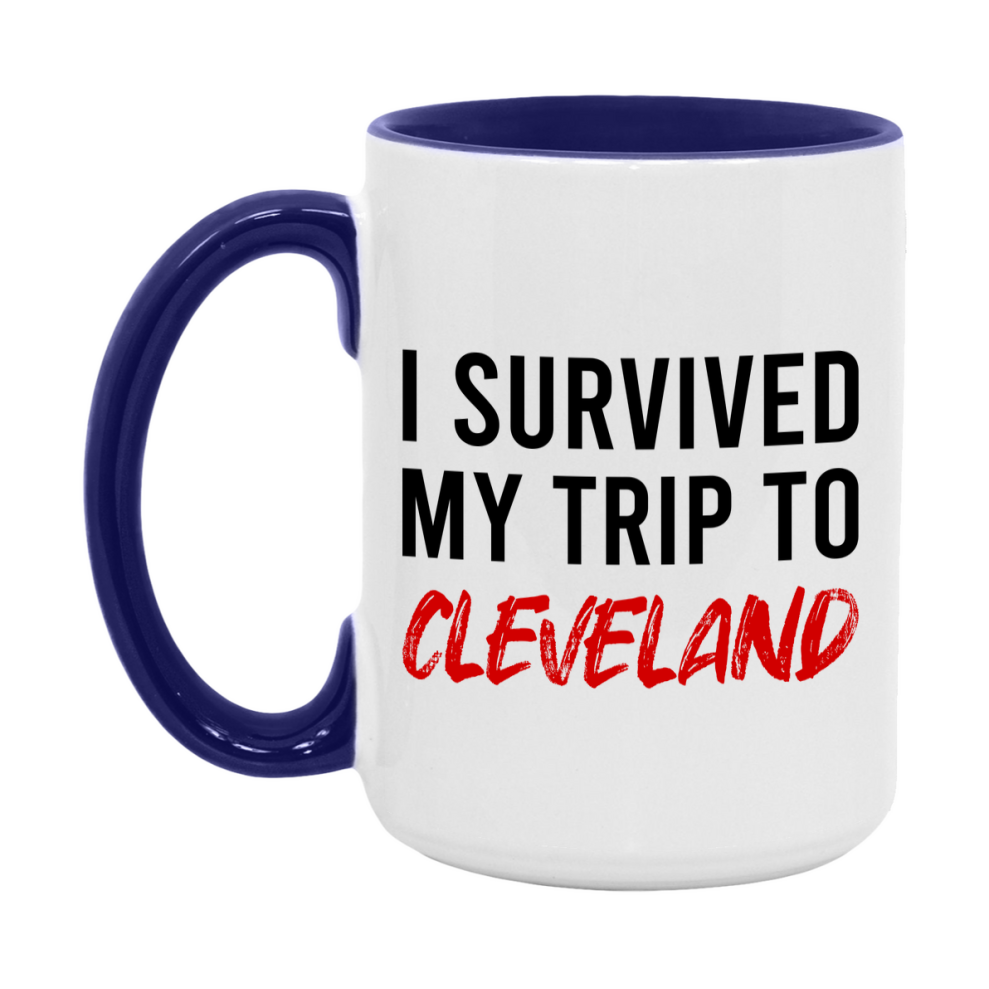 Funny Travel Mug – I Survived My Trip to Cleveland, 11oz or 15oz White Ceramic Coffee Mug, Novelty Travel Gift