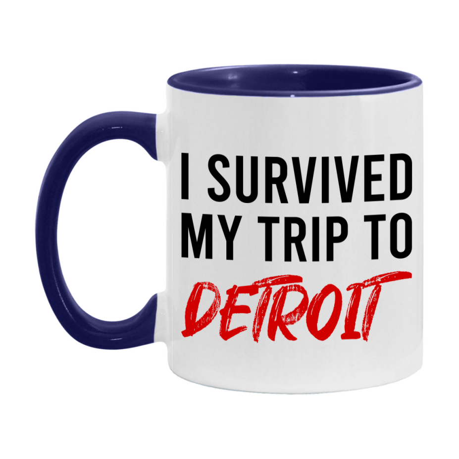Funny Travel Mug – I Survived My Trip to Detroit, 11oz or 15oz White Ceramic Coffee Mug, Novelty Travel Gift