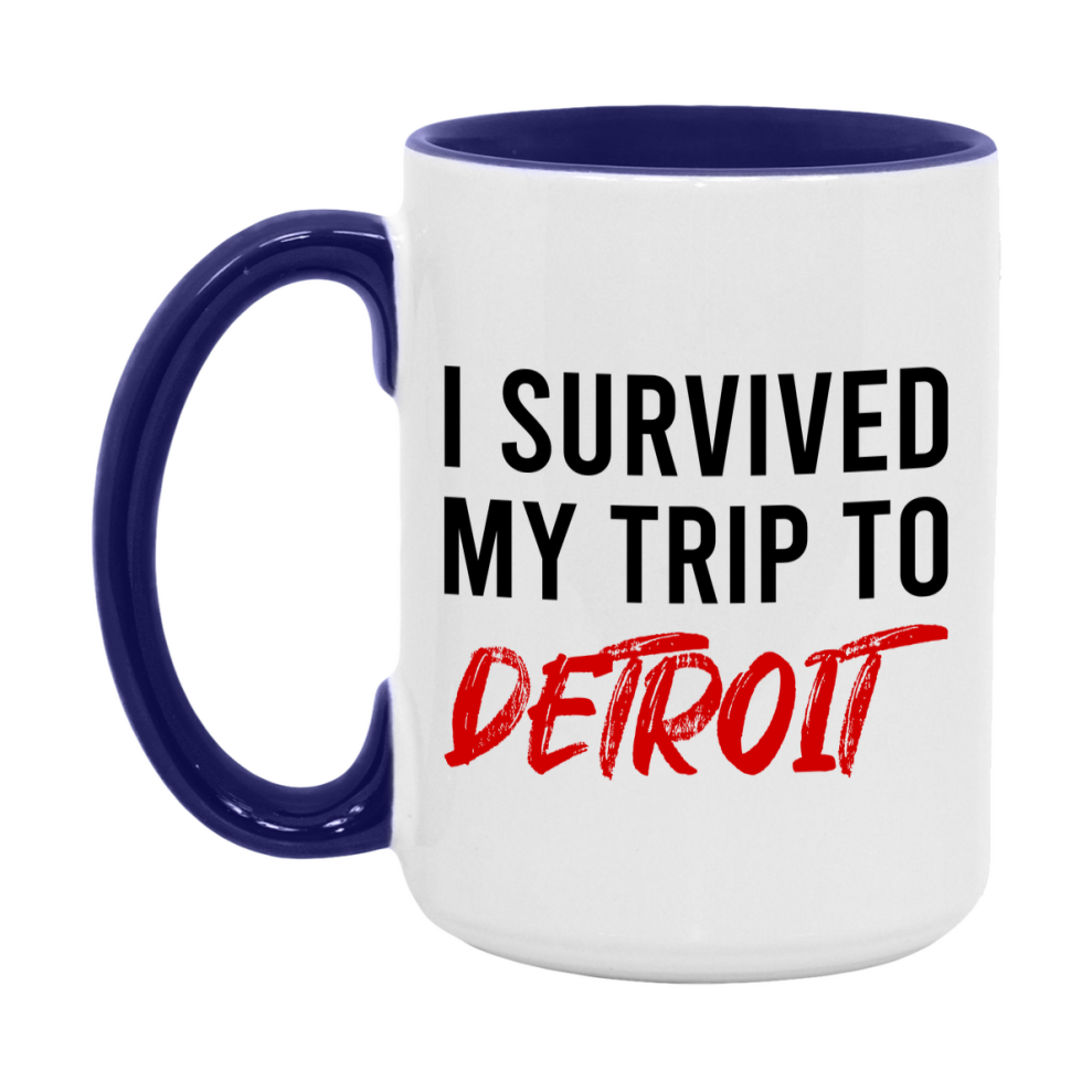 Funny Travel Mug – I Survived My Trip to Detroit, 11oz or 15oz White Ceramic Coffee Mug, Novelty Travel Gift