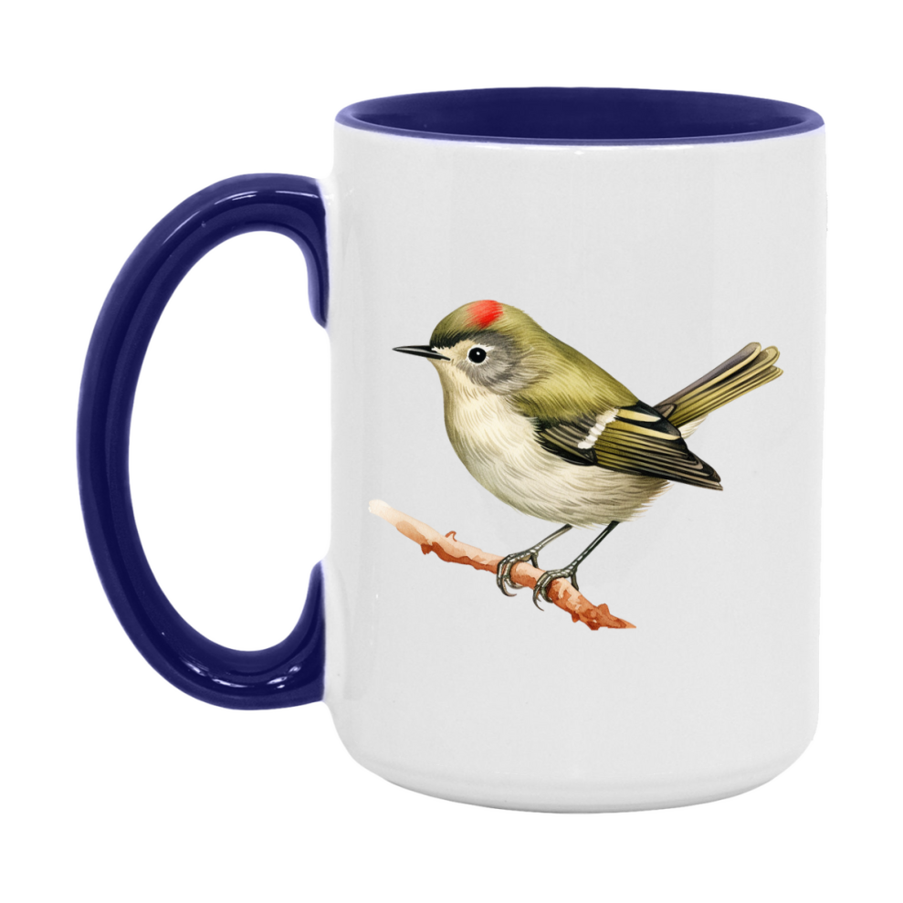 Bird Watching Mug, Ruby Crowned Kinglet Song Bird Mug, 11oz or 15oz White Ceramic Coffee Mug Gift for Bird Watchers