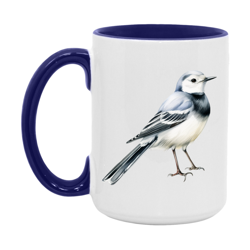 Bird Watching Mug, White Wagtail Song Bird Mug, 11oz or 15oz White Ceramic Coffee Mug Gift for Bird Watchers