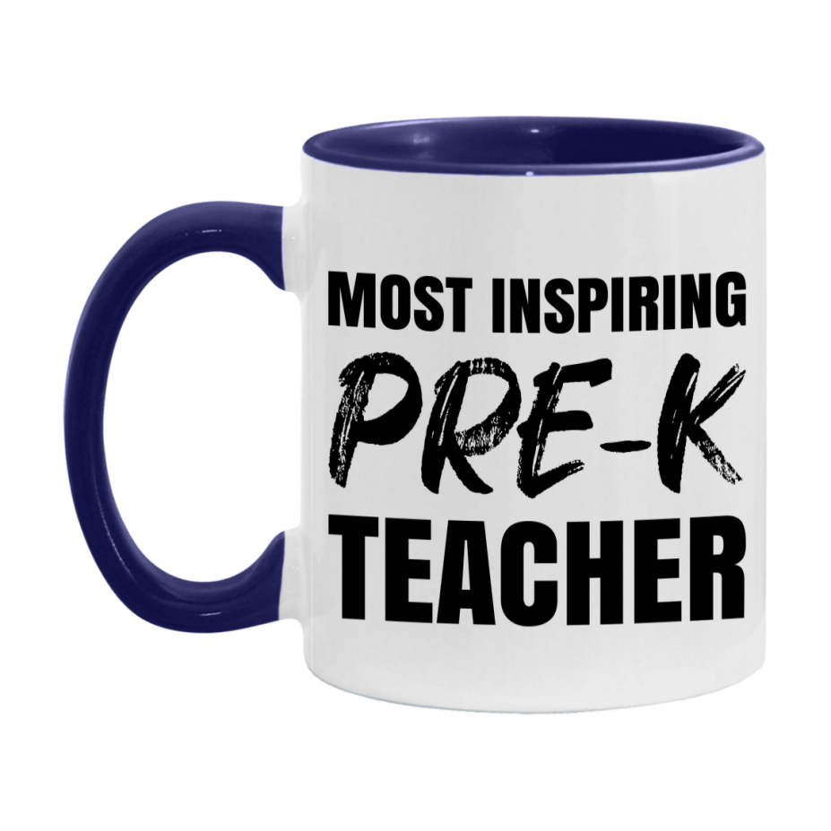 Teacher Superlative Mug, Most Inspiring Pre-K Teacher Gift, 11oz or 15oz White Ceramic Coffee Cup, Gift for Pre-K Teacher