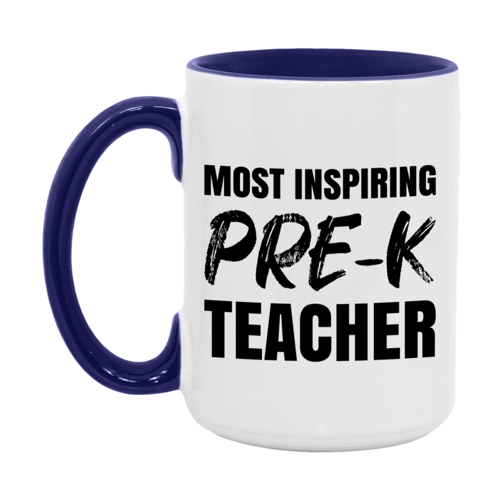 Teacher Superlative Mug, Most Inspiring Pre-K Teacher Gift, 11oz or 15oz White Ceramic Coffee Cup, Gift for Pre-K Teacher