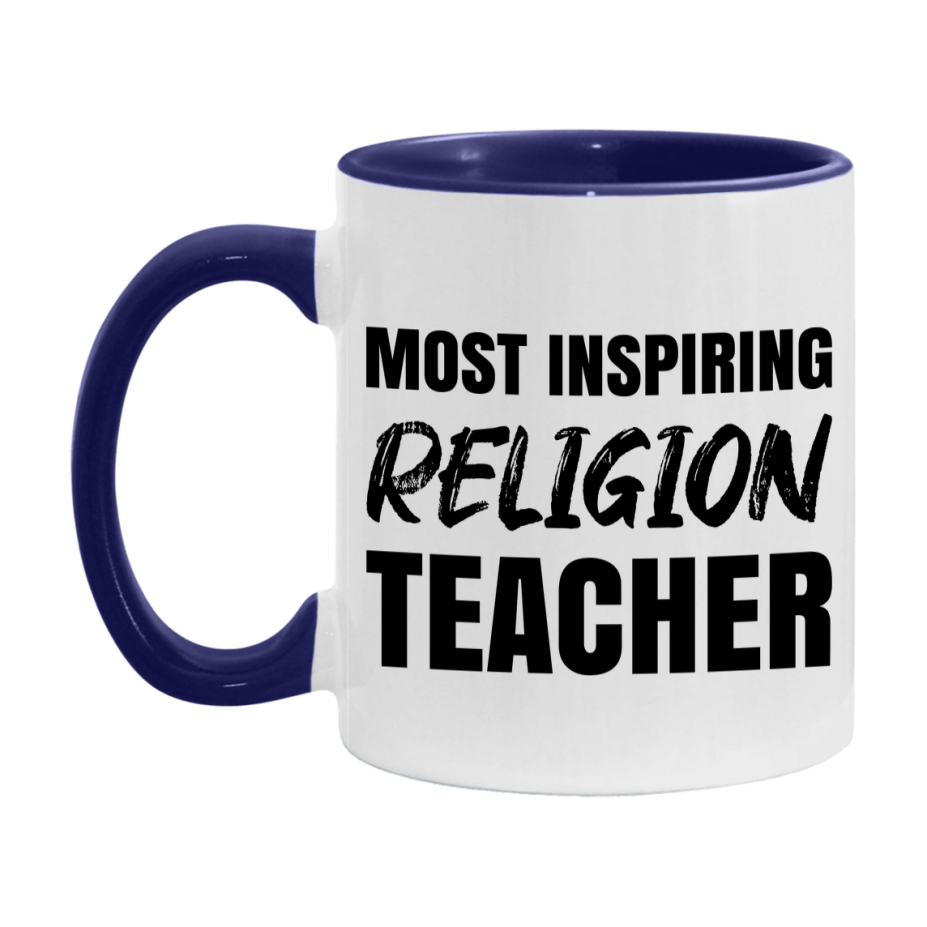 Teacher Superlative Mug, Most Inspiring Religion Teacher Gift, 11oz or 15oz White Ceramic Coffee Cup, Gift for Religion Teacher