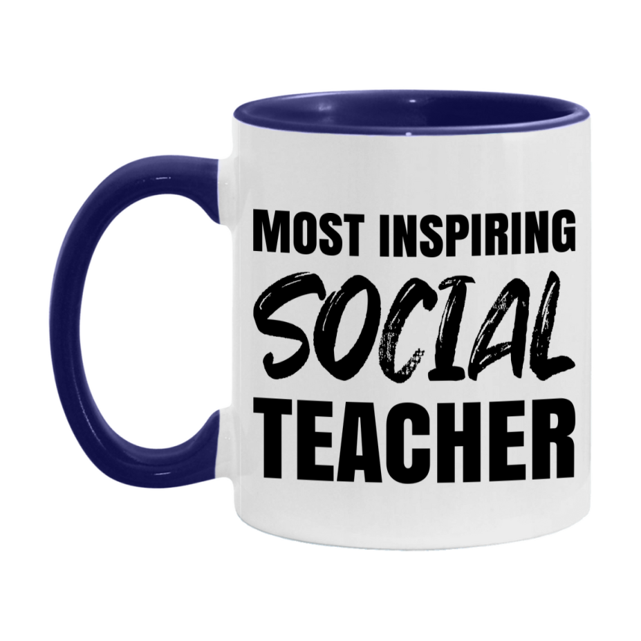 Teacher Superlative Mug, Most Inspiring Social Teacher Gift, 11oz or 15oz White Ceramic Coffee Cup, Gift for Social Teacher