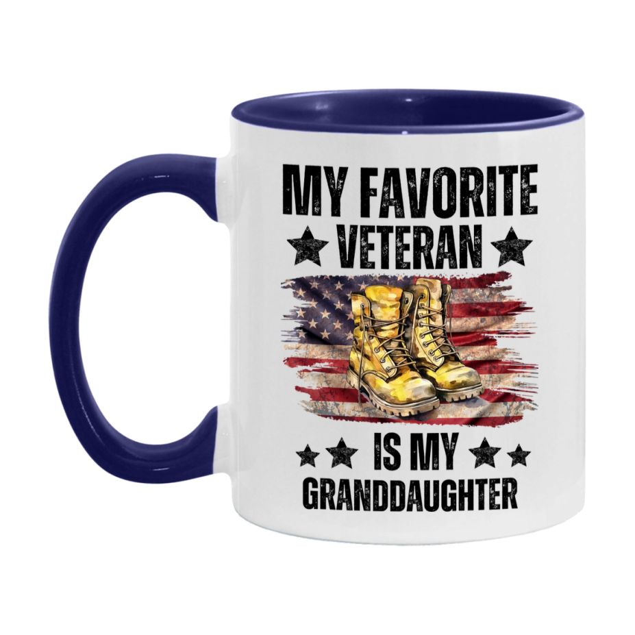 Veteran Gift Mug, My Favorite Veteran Is My Granddaughter, 11oz or 15oz Ceramic Coffee Cup Gift for Granddaughter