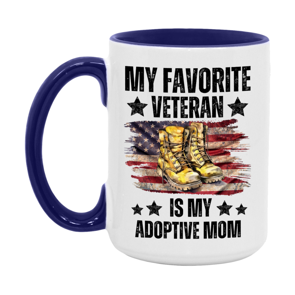 Veteran Gift Mug, My Favorite Veteran Is My Adoptive Mom, 11oz or 15oz Ceramic Coffee Cup Gift for Adoptive Mom