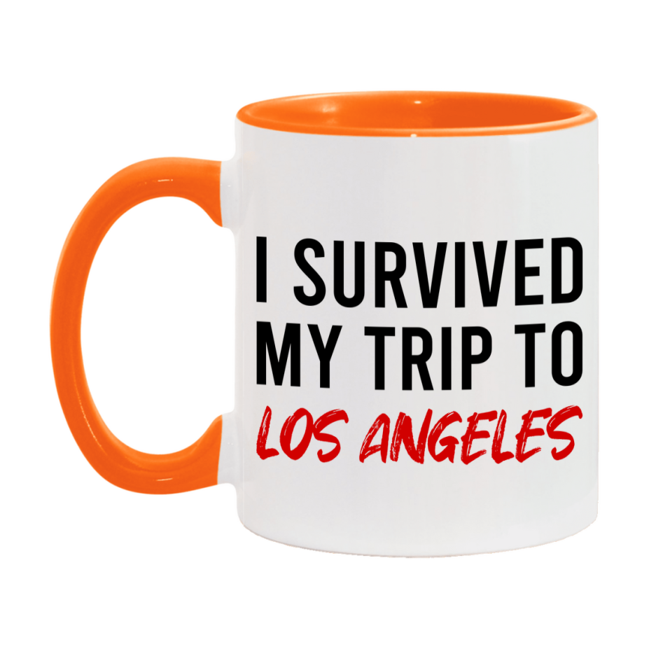 Funny Travel Mug – I Survived My Trip to Los Angeles, 11oz or 15oz White Ceramic Coffee Mug, Novelty Travel Gift