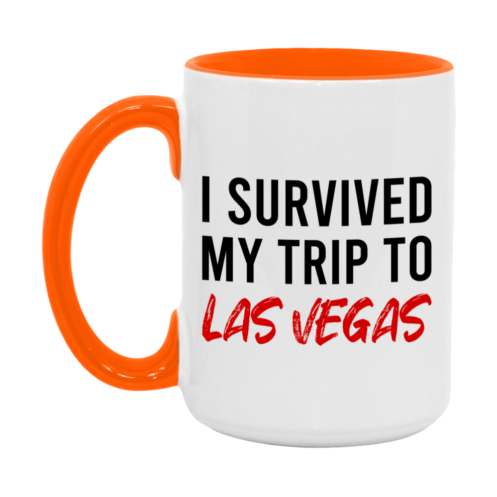 Funny Travel Mug – I Survived My Trip to Las Vegas, 11oz or 15oz White Ceramic Coffee Mug, Novelty Travel Gift