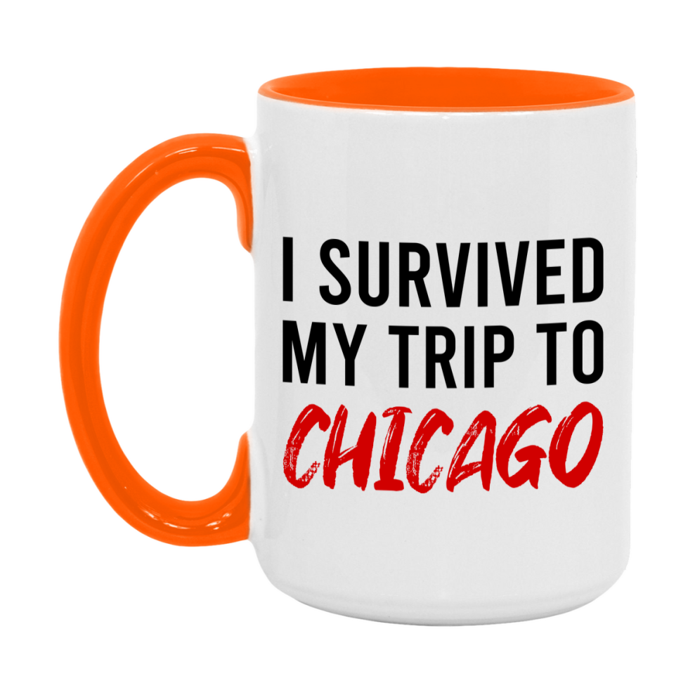 Funny Travel Mug – I Survived My Trip to Chicago, 11oz or 15oz White Ceramic Coffee Mug, Novelty Travel Gift