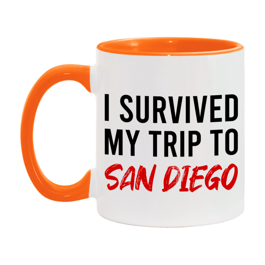 Funny Travel Mug – I Survived My Trip to San Diego, 11oz or 15oz White Ceramic Coffee Mug, Novelty Travel Gift