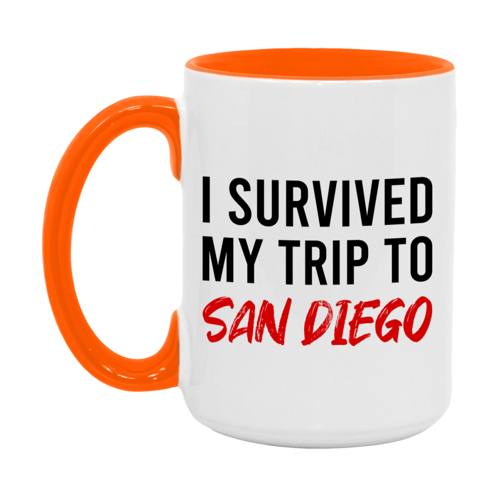 Funny Travel Mug – I Survived My Trip to San Diego, 11oz or 15oz White Ceramic Coffee Mug, Novelty Travel Gift