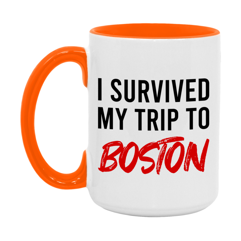 Funny Travel Mug – I Survived My Trip to Boston, 11oz or 15oz White Ceramic Coffee Mug, Novelty Travel Gift