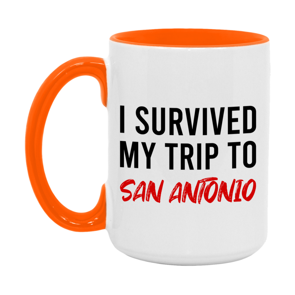Funny Travel Mug – I Survived My Trip to San Antonio, 11oz or 15oz White Ceramic Coffee Mug, Novelty Travel Gift