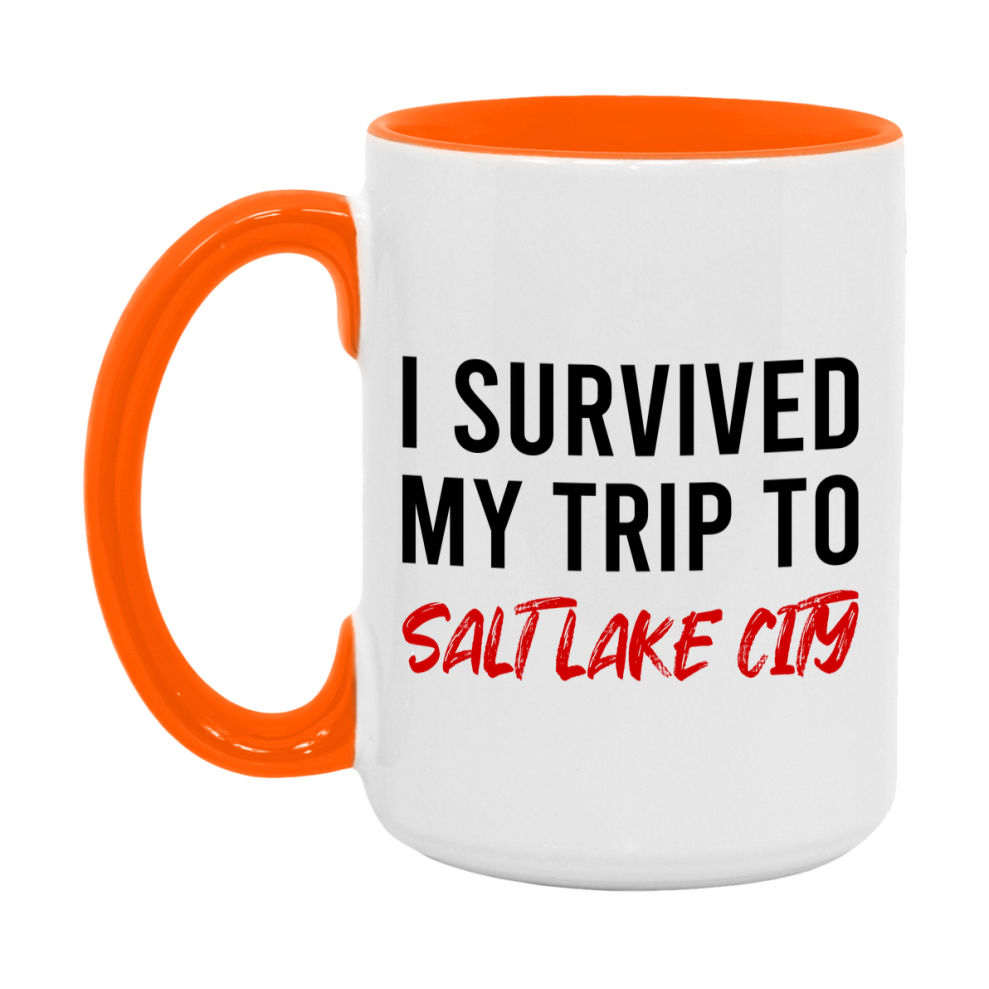 Funny Travel Mug – I Survived My Trip to Salt Lake Salt Lake City, 11oz or 15oz White Ceramic Coffee Mug, Novelty Travel Gift