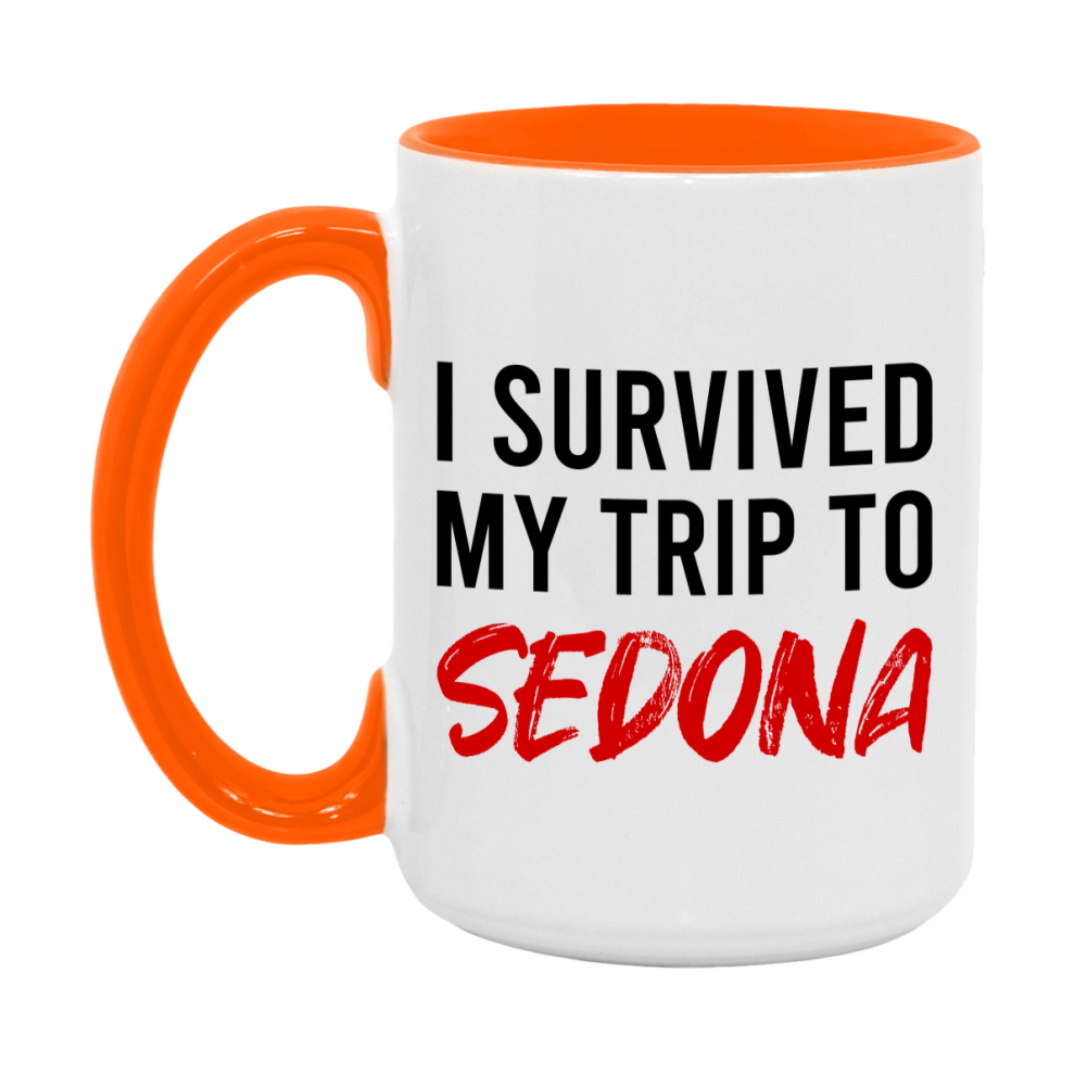 Funny Travel Mug – I Survived My Trip to Sedona, 11oz or 15oz White Ceramic Coffee Mug, Novelty Travel Gift