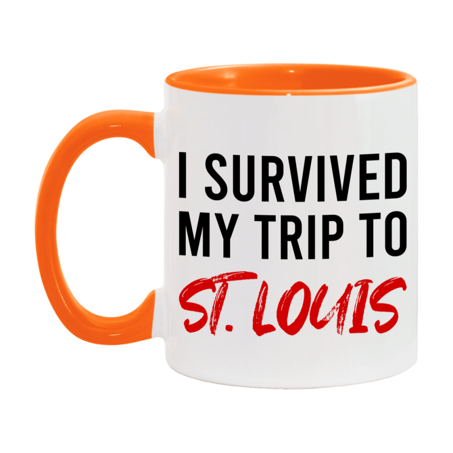 Funny Travel Mug – I Survived My Trip to St. Louis, 11oz or 15oz White Ceramic Coffee Mug, Novelty Travel Gift