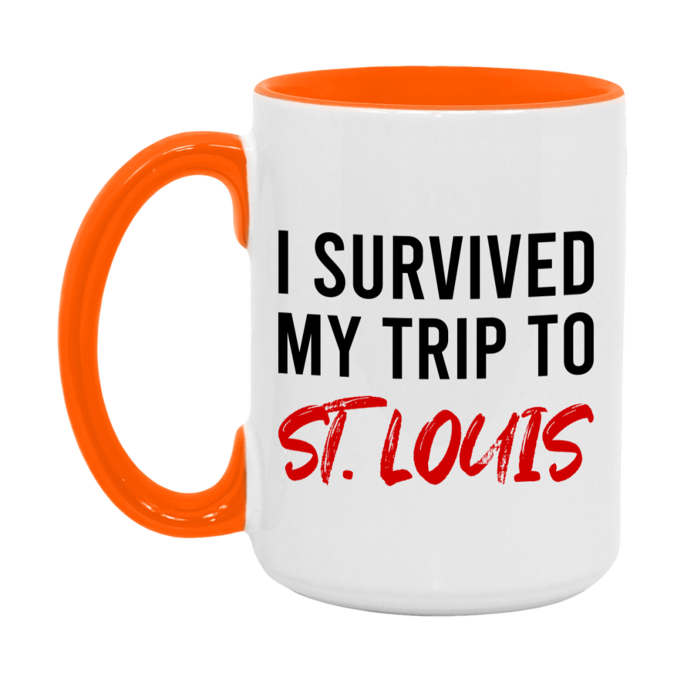 Funny Travel Mug – I Survived My Trip to St. Louis, 11oz or 15oz White Ceramic Coffee Mug, Novelty Travel Gift