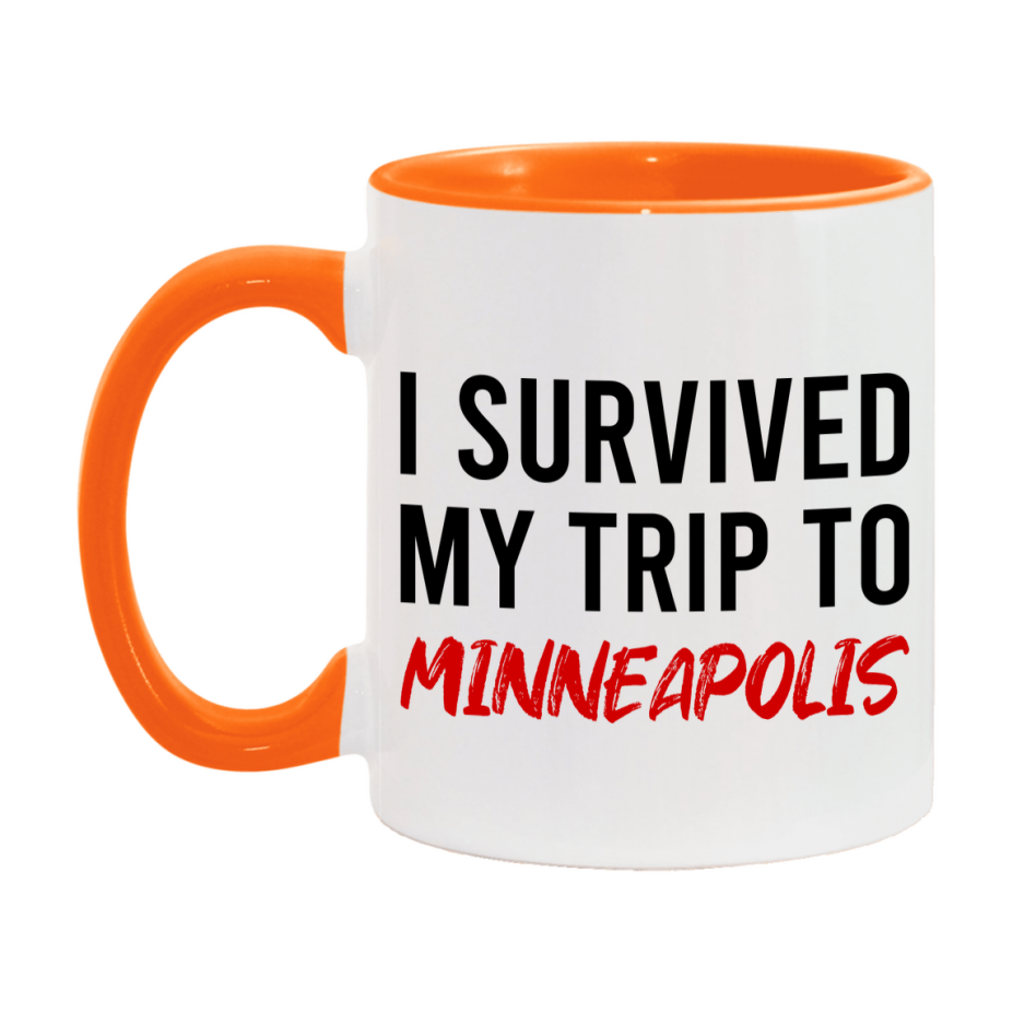 Funny Travel Mug – I Survived My Trip to Minneapolis, 11oz or 15oz White Ceramic Coffee Mug, Novelty Travel Gift