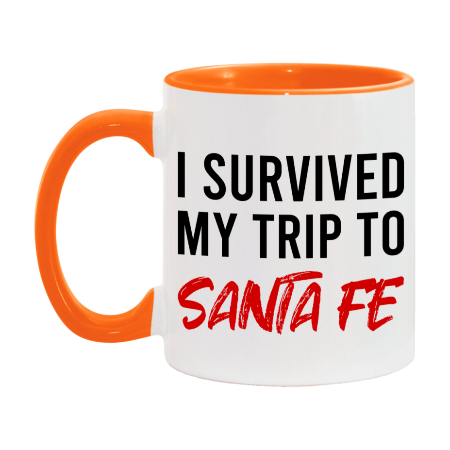 Funny Travel Mug – I Survived My Trip to Santa Fe, 11oz or 15oz White Ceramic Coffee Mug, Novelty Travel Gift