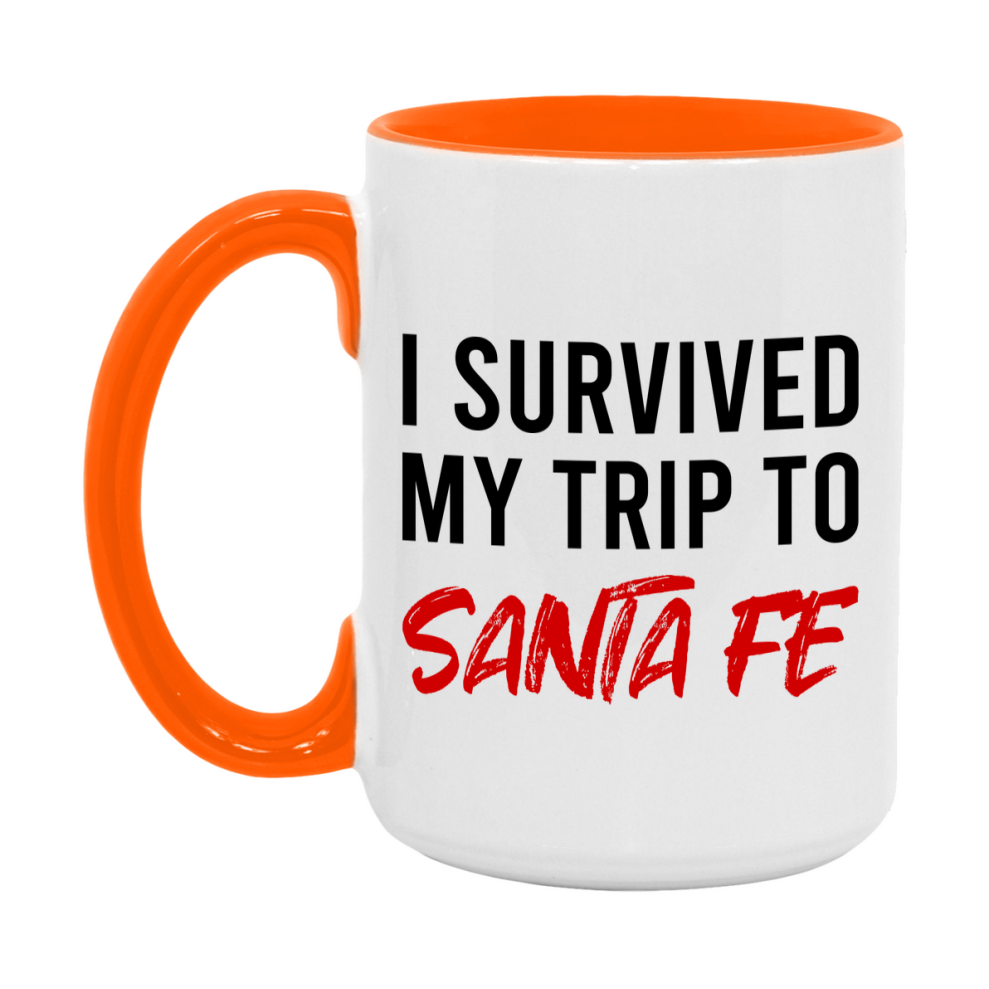 Funny Travel Mug – I Survived My Trip to Santa Fe, 11oz or 15oz White Ceramic Coffee Mug, Novelty Travel Gift