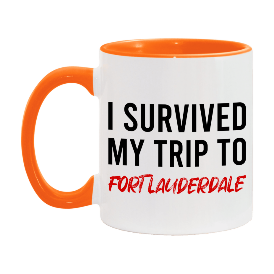 Funny Travel Mug – I Survived My Trip to Fort Lauderdale, 11oz or 15oz White Ceramic Coffee Mug, Novelty Travel Gift
