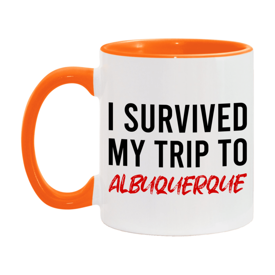 Funny Travel Mug – I Survived My Trip to Albuquerque, 11oz or 15oz White Ceramic Coffee Mug, Novelty Travel Gift