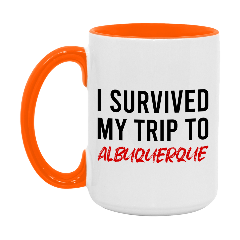 Funny Travel Mug – I Survived My Trip to Albuquerque, 11oz or 15oz White Ceramic Coffee Mug, Novelty Travel Gift