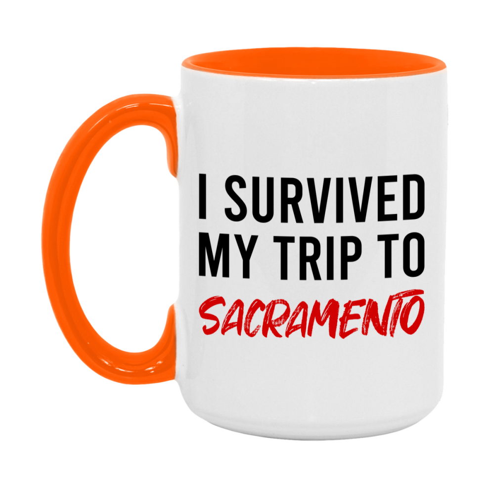 Funny Travel Mug – I Survived My Trip to Sacramento, 11oz or 15oz White Ceramic Coffee Mug, Novelty Travel Gift