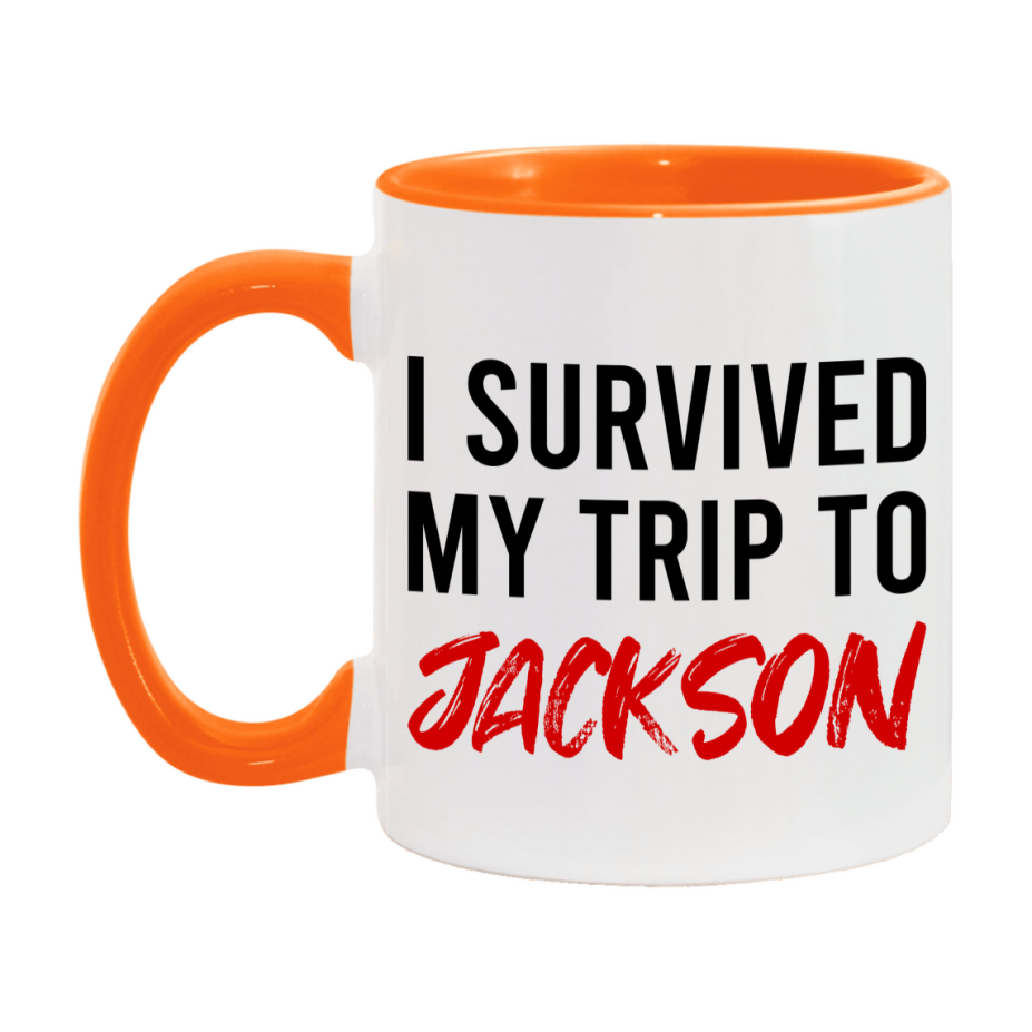 Funny Travel Mug – I Survived My Trip to Jackson, 11oz or 15oz White Ceramic Coffee Mug, Novelty Travel Gift