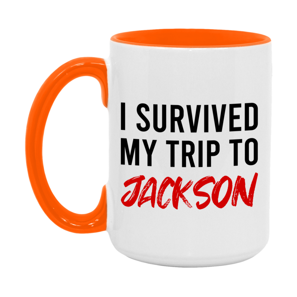 Funny Travel Mug – I Survived My Trip to Jackson, 11oz or 15oz White Ceramic Coffee Mug, Novelty Travel Gift