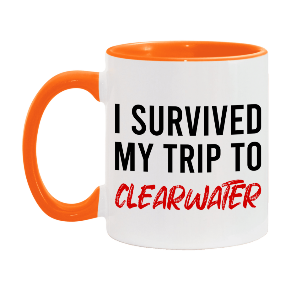 Funny Travel Mug – I Survived My Trip to Clearwater, 11oz or 15oz White Ceramic Coffee Mug, Novelty Travel Gift