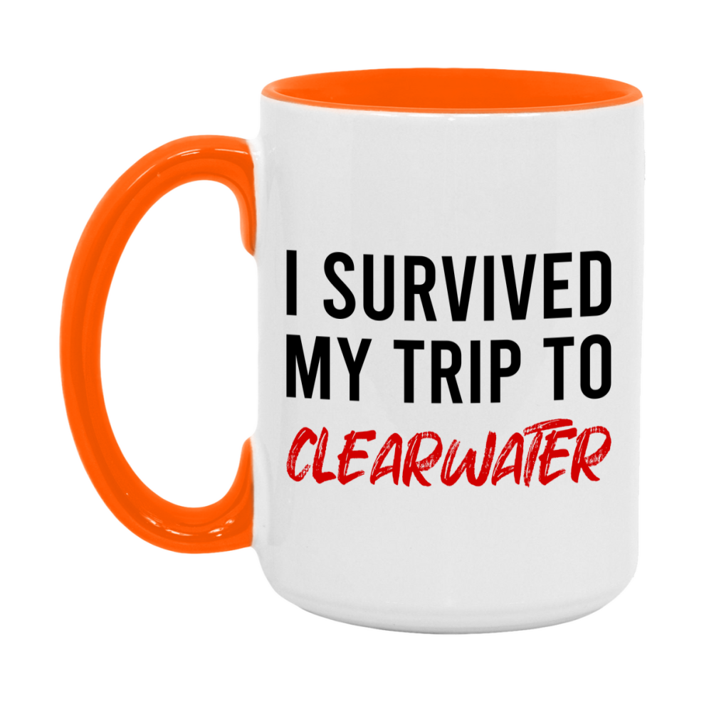 Funny Travel Mug – I Survived My Trip to Clearwater, 11oz or 15oz White Ceramic Coffee Mug, Novelty Travel Gift