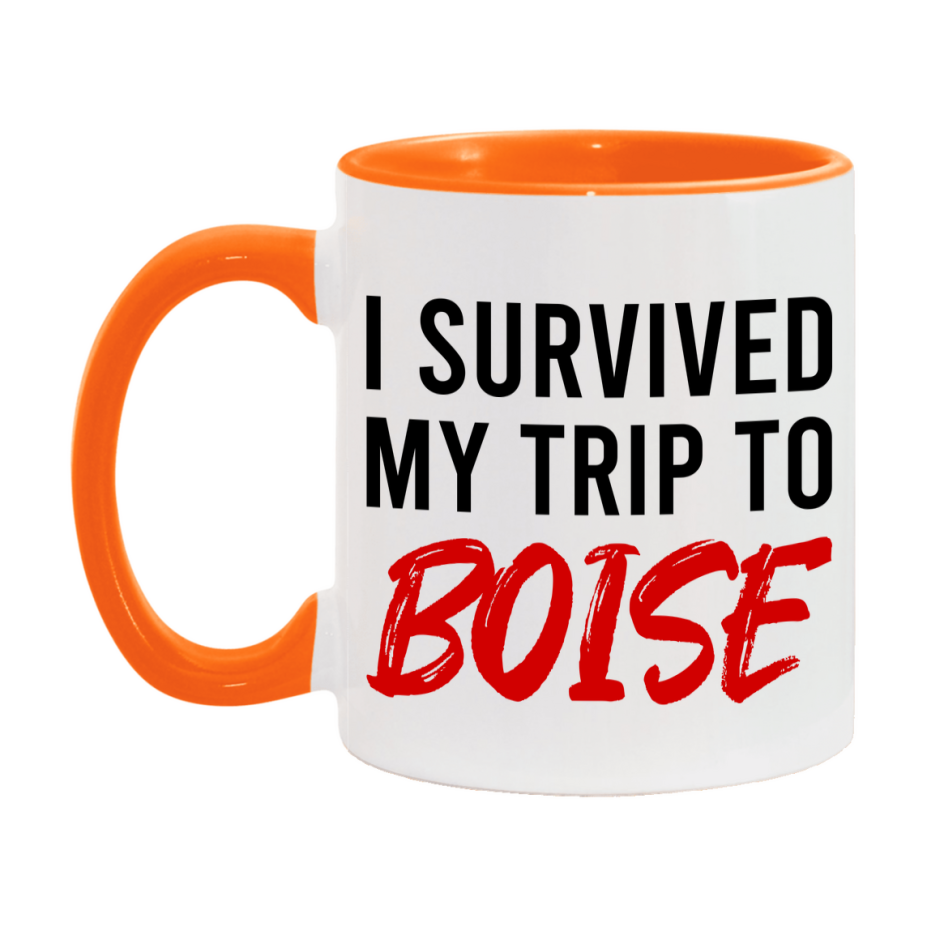 Funny Travel Mug – I Survived My Trip to Boise, 11oz or 15oz White Ceramic Coffee Mug, Novelty Travel Gift