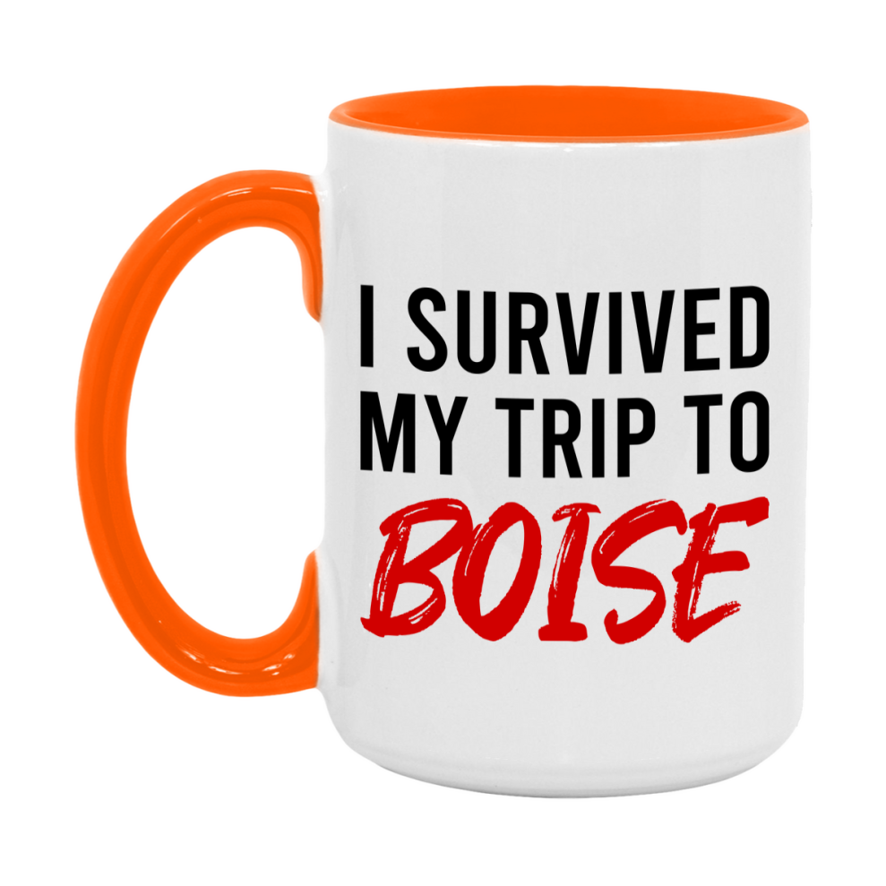 Funny Travel Mug – I Survived My Trip to Boise, 11oz or 15oz White Ceramic Coffee Mug, Novelty Travel Gift