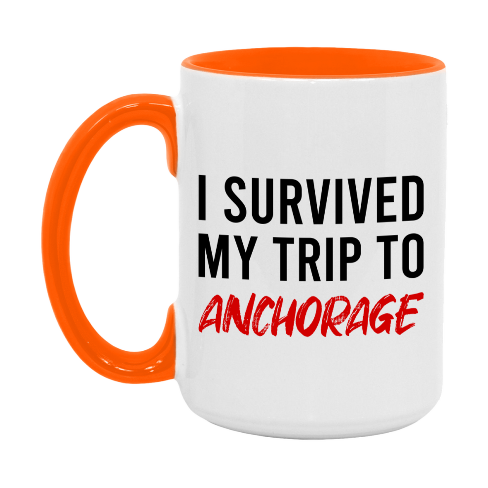 Funny Travel Mug – I Survived My Trip to Anchorage, 11oz or 15oz White Ceramic Coffee Mug, Novelty Travel Gift