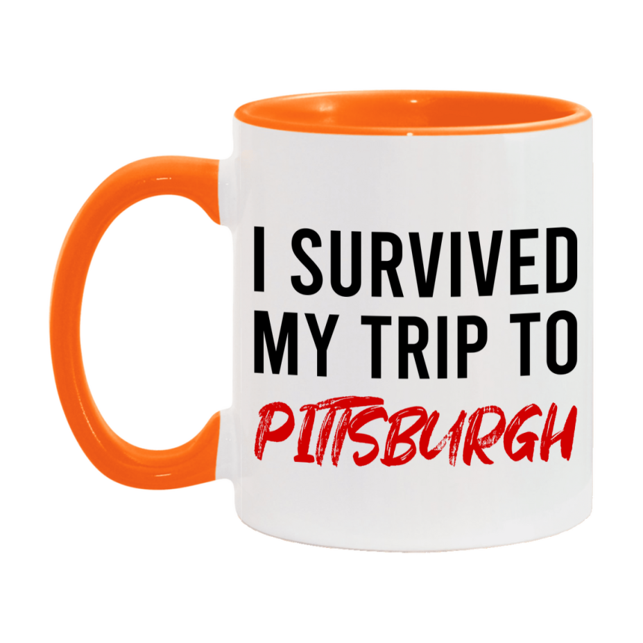 Funny Travel Mug – I Survived My Trip to Pittsburgh, 11oz or 15oz White Ceramic Coffee Mug, Novelty Travel Gift