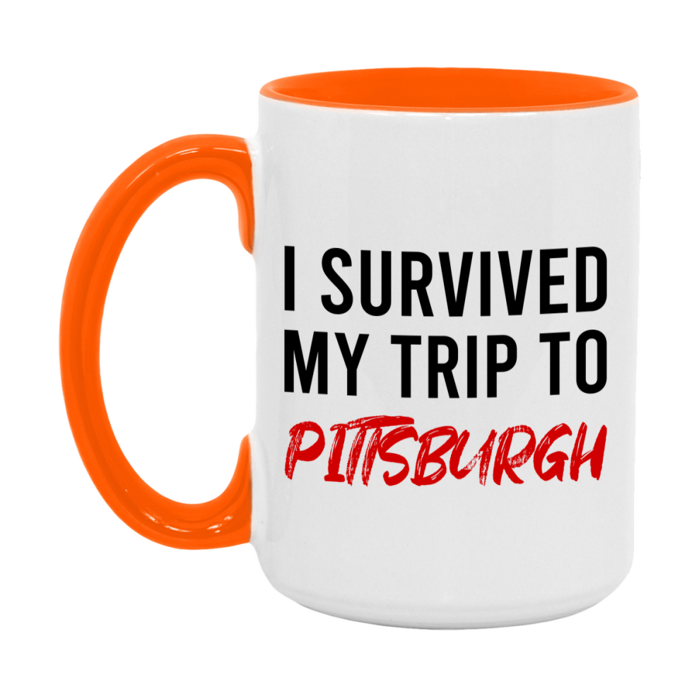 Funny Travel Mug – I Survived My Trip to Pittsburgh, 11oz or 15oz White Ceramic Coffee Mug, Novelty Travel Gift
